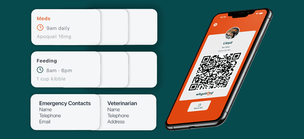 Pet sitter care instructions — QR code with feeding schedule and care cards